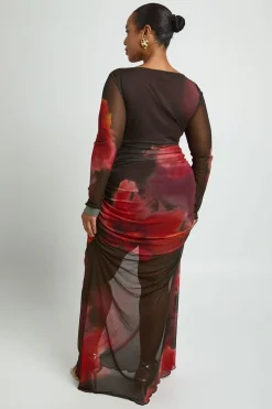 Robe Maxi Grande Taille En Mesh Froncé À Motif Floral