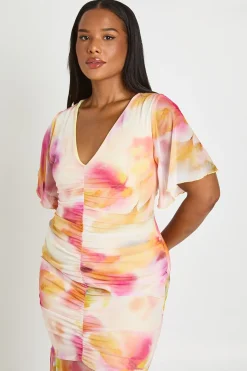 Robe Maxi Grande Taille En Mesh Floral À Manches Ange Froncée