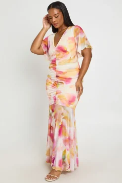 Robe Maxi Grande Taille En Mesh Floral À Manches Ange Froncée