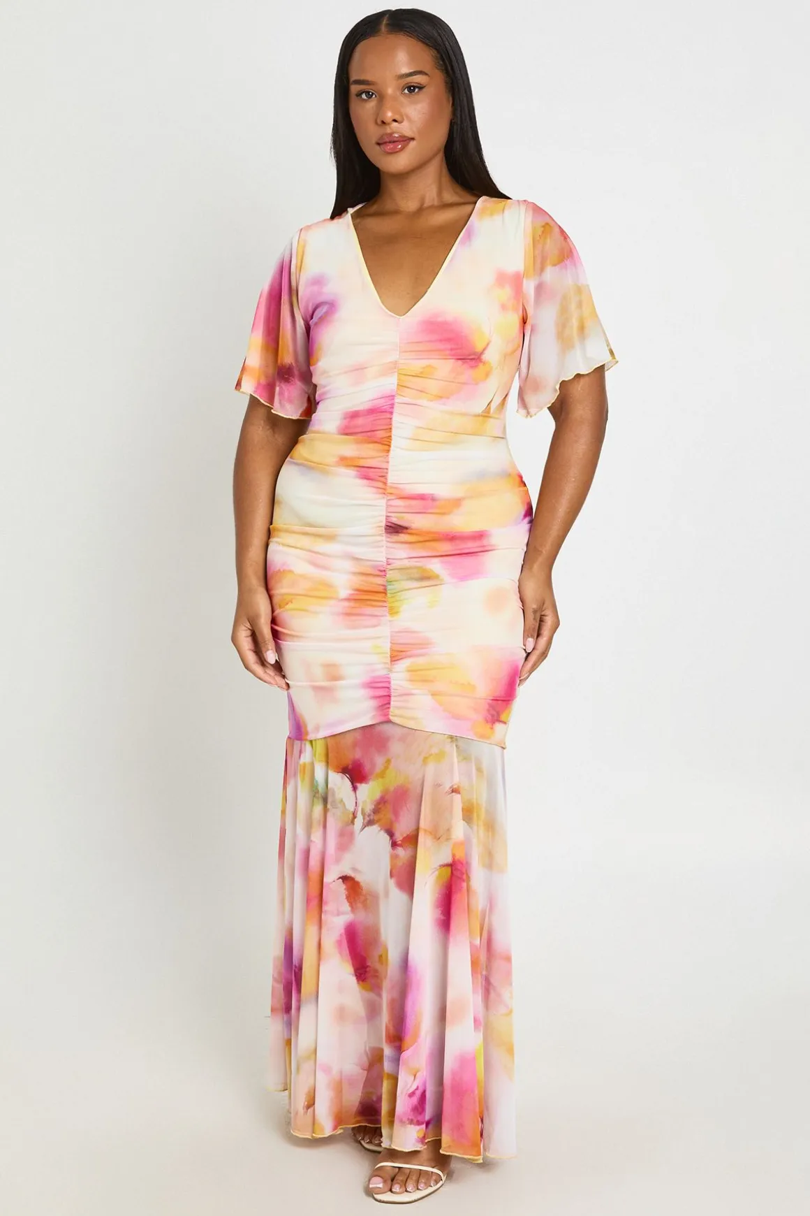 Robe Maxi Grande Taille En Mesh Floral À Manches Ange Froncée