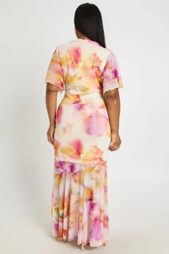 Robe Maxi Grande Taille En Mesh Floral À Manches Ange Froncée