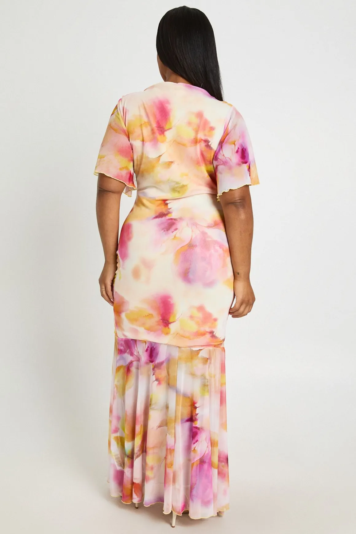 Robe Maxi Grande Taille En Mesh Floral À Manches Ange Froncée