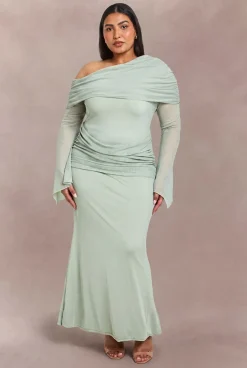 boohoo Robe Maxi Grande Taille En Mesh Bardot Avec Détail Drapé<Femme Robes À Manches Longues|Robes