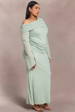 boohoo Robe Maxi Grande Taille En Mesh Bardot Avec Détail Drapé<Femme Robes À Manches Longues|Robes