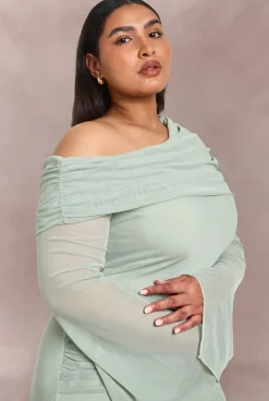 boohoo Robe Maxi Grande Taille En Mesh Bardot Avec Détail Drapé<Femme Robes À Manches Longues|Robes