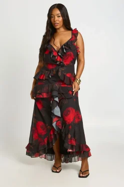 Robe Maxi Grande Taille En Mousseline À Volants Et Col V À Motif Floral