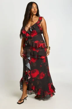 Robe Maxi Grande Taille En Mousseline À Volants Et Col V À Motif Floral