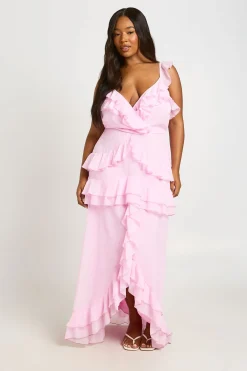 boohoo Robe Maxi Grande Taille En Mousseline À Volants Et Col En V<Femme Robes|Robes Longues