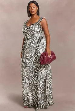 Robe Maxi Grande Taille En Mousseline À Imprimé Zèbre Avec Volants Et Bretelles