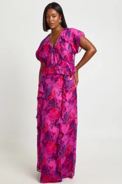 Robe Maxi Grande Taille En Mousseline À Taille Froncée Et Volants