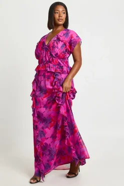 Robe Maxi Grande Taille En Mousseline À Taille Froncée Et Volants