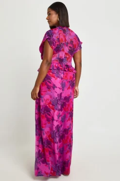Robe Maxi Grande Taille En Mousseline À Taille Froncée Et Volants