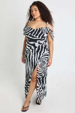 Robe Maxi Grande Taille En Mousseline Imprimé Zèbre À Épaules Dénudées Et Côtés Froncés