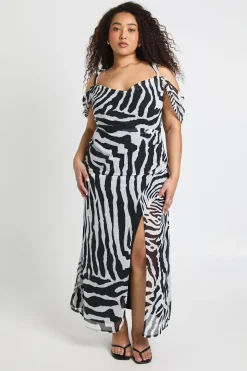 Robe Maxi Grande Taille En Mousseline Imprimé Zèbre À Épaules Dénudées Et Côtés Froncés