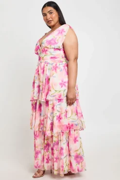 Robe Maxi Grande Taille En Mousseline À Volants Superposés Et Décolleté Plongeant Fleuri