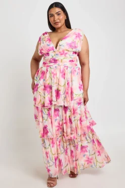 Robe Maxi Grande Taille En Mousseline À Volants Superposés Et Décolleté Plongeant Fleuri