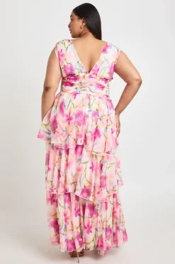 Robe Maxi Grande Taille En Mousseline À Volants Superposés Et Décolleté Plongeant Fleuri