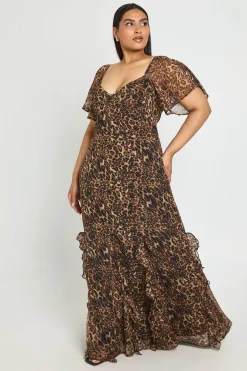 Robe Maxi Grande Taille En Mousseline À Imprimé Léopard Avec Manches Bouffantes Et Volants
