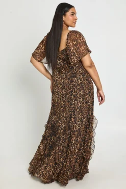 Robe Maxi Grande Taille En Mousseline À Imprimé Léopard Avec Manches Bouffantes Et Volants