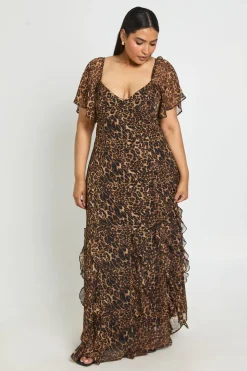 Robe Maxi Grande Taille En Mousseline À Imprimé Léopard Avec Manches Bouffantes Et Volants