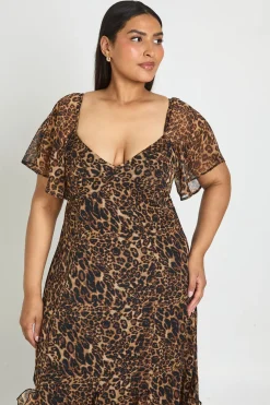 Robe Maxi Grande Taille En Mousseline À Imprimé Léopard Avec Manches Bouffantes Et Volants