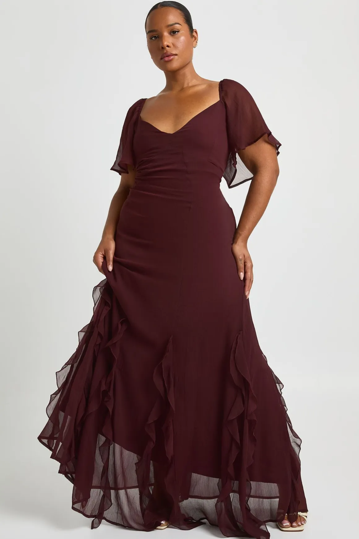 Robe Maxi Grande Taille En Mousseline À Manches Bouffantes Et Volants