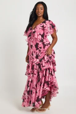 Robe Maxi Grande Taille en Mousseline à Imprimé Floral avec Détails Volantés