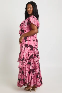 Robe Maxi Grande Taille en Mousseline à Imprimé Floral avec Détails Volantés