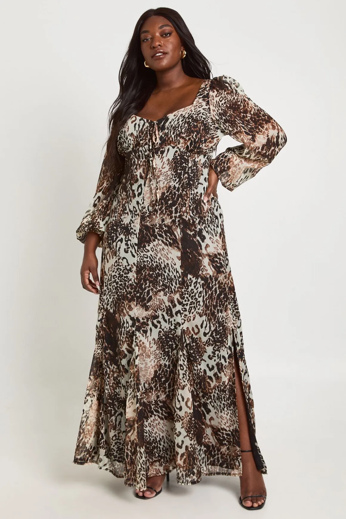 Robe Maxi Grande Taille En Mousseline Froissée À Imprimé Animalier Mixte Style Laitière
