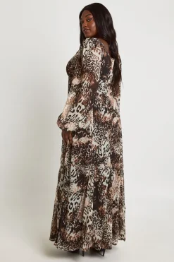 Robe Maxi Grande Taille En Mousseline Froissée À Imprimé Animalier Mixte Style Laitière