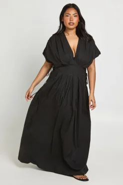 Robe Maxi Grande Taille En Popeline De Coton Avec Détail Froncé Et Ceinture Nouée À La Taille