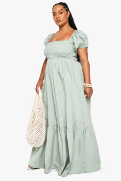 Robe Maxi Grande Taille En Popeline De Coton À Manches Bouffantes