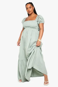 Robe Maxi Grande Taille En Popeline De Coton À Manches Bouffantes