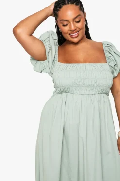 Robe Maxi Grande Taille En Popeline De Coton À Manches Bouffantes