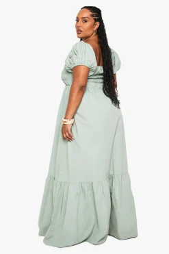 Robe Maxi Grande Taille En Popeline De Coton À Manches Bouffantes