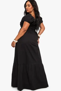 Robe Maxi Grande Taille En Popeline De Coton À Manches Bouffantes