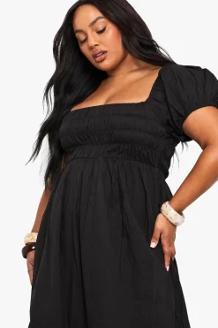 Robe Maxi Grande Taille En Popeline De Coton À Manches Bouffantes