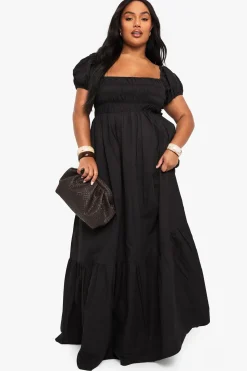 Robe Maxi Grande Taille En Popeline De Coton À Manches Bouffantes