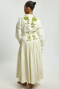 Robe Maxi Grande Taille En Sergé De Coton Tissé À Manches Longues Avec Broderie De Roses