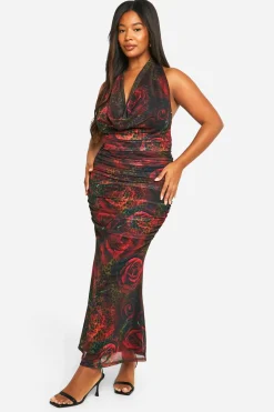 Robe Maxi Grande Taille Imprimée Animal et Floral à Encolure Halterneck et Fronces