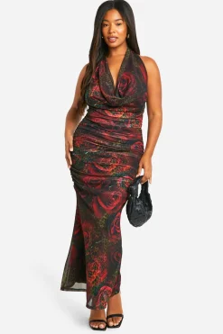 Robe Maxi Grande Taille Imprimée Animal et Floral à Encolure Halterneck et Fronces