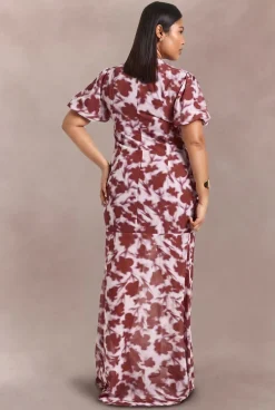 Robe Maxi Grande Taille À Imprimé Floral Avec Manches Bouffantes Détail Décolleté Goutte D'eau Et Taille Froncée