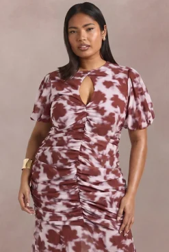 Robe Maxi Grande Taille À Imprimé Floral Avec Manches Bouffantes Détail Décolleté Goutte D'eau Et Taille Froncée