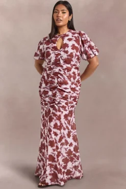 Robe Maxi Grande Taille À Imprimé Floral Avec Manches Bouffantes Détail Décolleté Goutte D'eau Et Taille Froncée