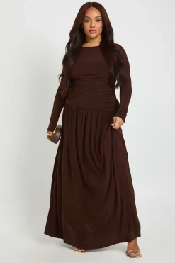 Robe Maxi Grande Taille à Manches Longues et Fronces Douces