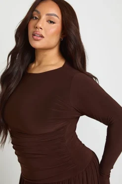 Robe Maxi Grande Taille à Manches Longues et Fronces Douces