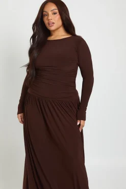 Robe Maxi Grande Taille à Manches Longues et Fronces Douces