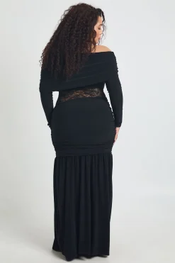 Robe Maxi Grande Taille à Manches Longues avec Encolure Asymétrique et Insert en Dentelle