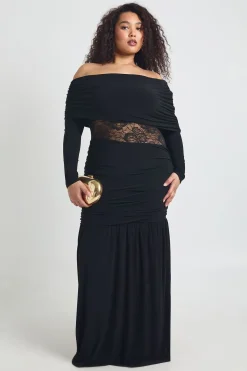 Robe Maxi Grande Taille à Manches Longues avec Encolure Asymétrique et Insert en Dentelle