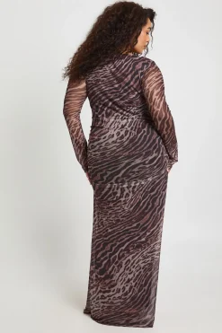 Robe Maxi Grande Taille à Manches Longues en Maille Léopard